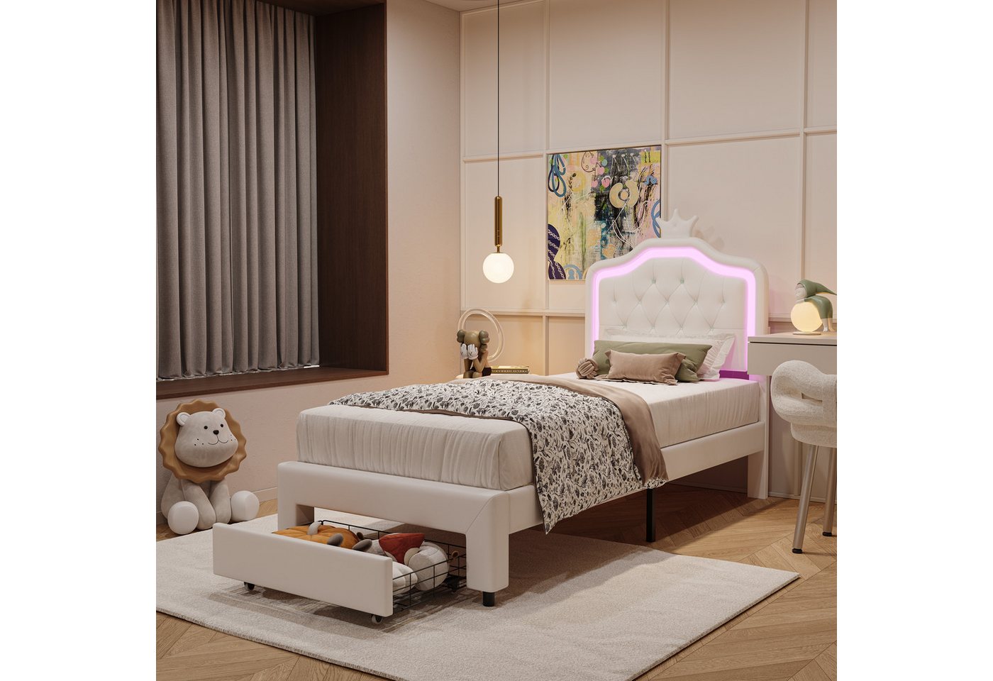 Gdood Polsterbett Kinderbett LED Stauraumbett (1-tlg., Geeignet für Jugendliche und Kinder), Kronenform Kopfteil, Mit LED-Beleuchtung, Schublade, PU, 90x200 cm von Gdood