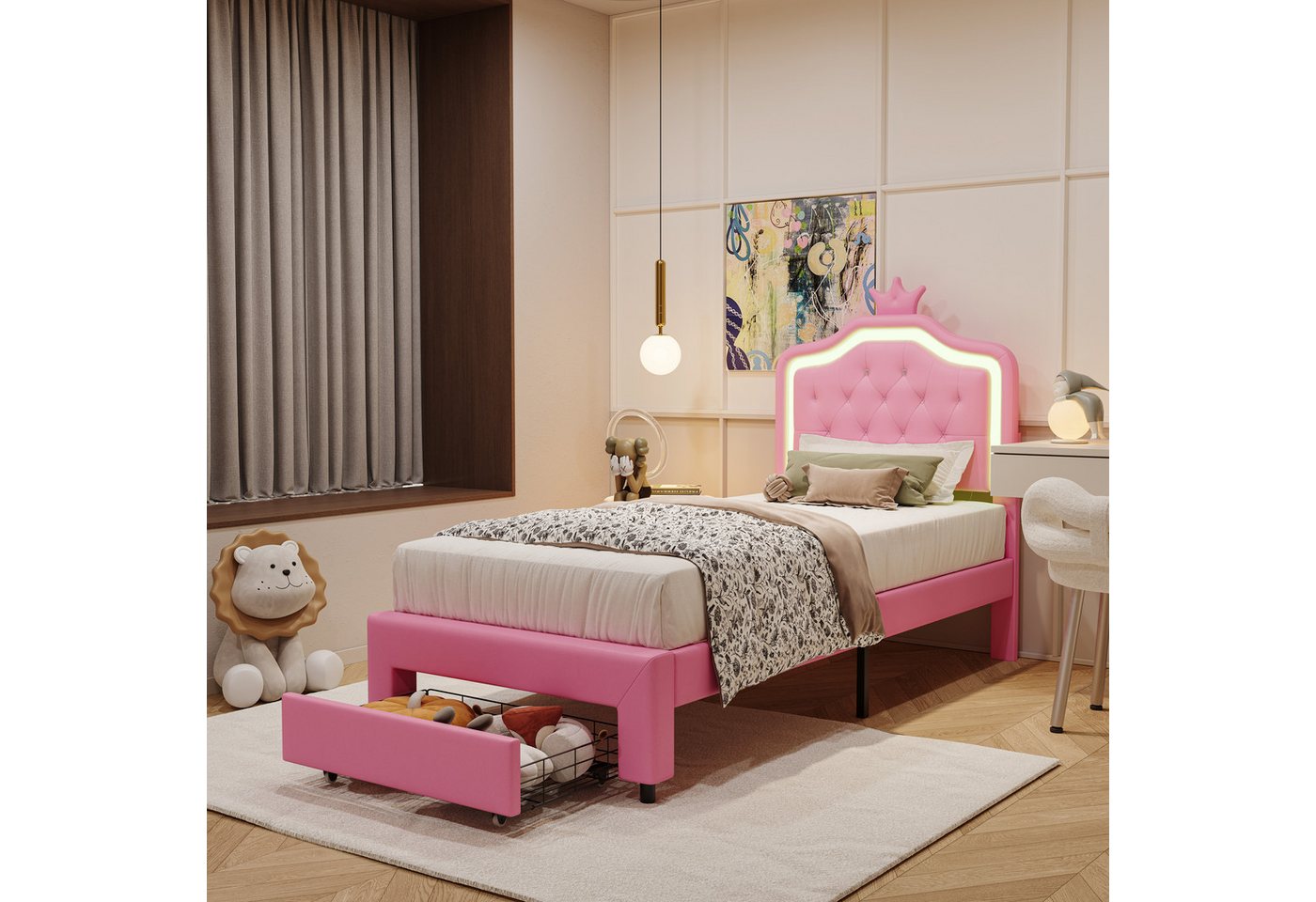 Gdood Polsterbett Kinderbett LED Stauraumbett (1-tlg., Geeignet für Jugendliche und Kinder), Kronenform Kopfteil, Mit LED-Beleuchtung, Schublade, PU, 90x200 cm von Gdood