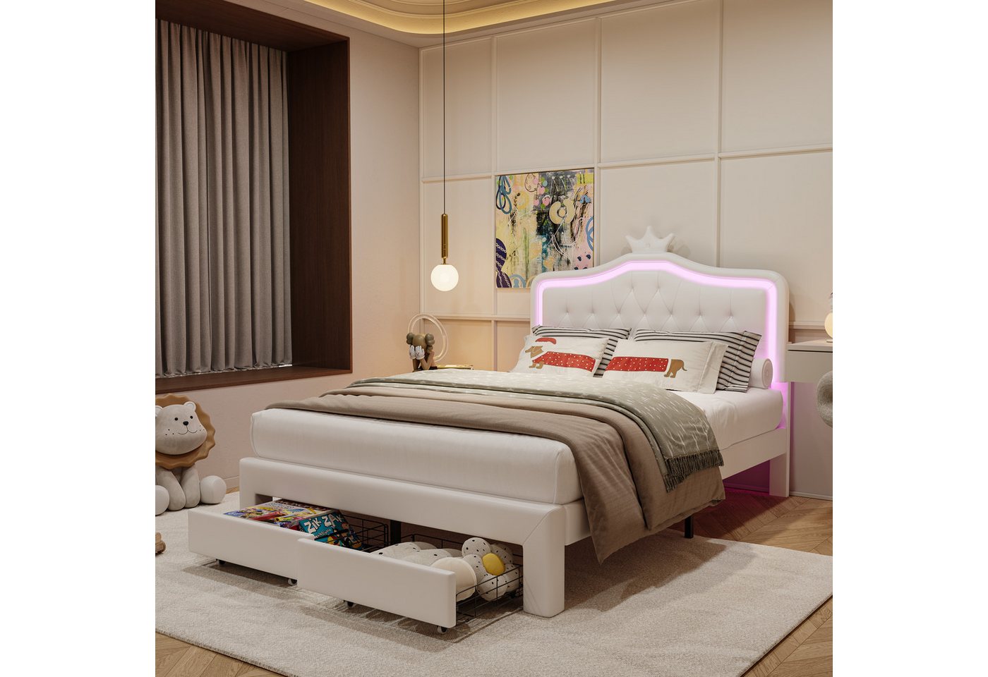 Gdood Polsterbett Kinderbett LED Stauraumbett (1-tlg., Geeignet für Jugendliche und Kinder), Kronenform Kopfteil, Mit LED-Beleuchtung, Schubladen, PU, 140x200 cm von Gdood