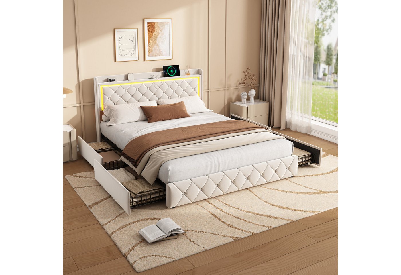 Gdood Polsterbett LED Doppelbett 140x200cm, Stauraumbett mit Kopfteil und 4 Schubladen (Samtmaterial Polsterbett mit RGB Beleuchtung), Mit Lattenrost und Ladefunktion, mit Komforthöhe, Leises Design Bett von Gdood