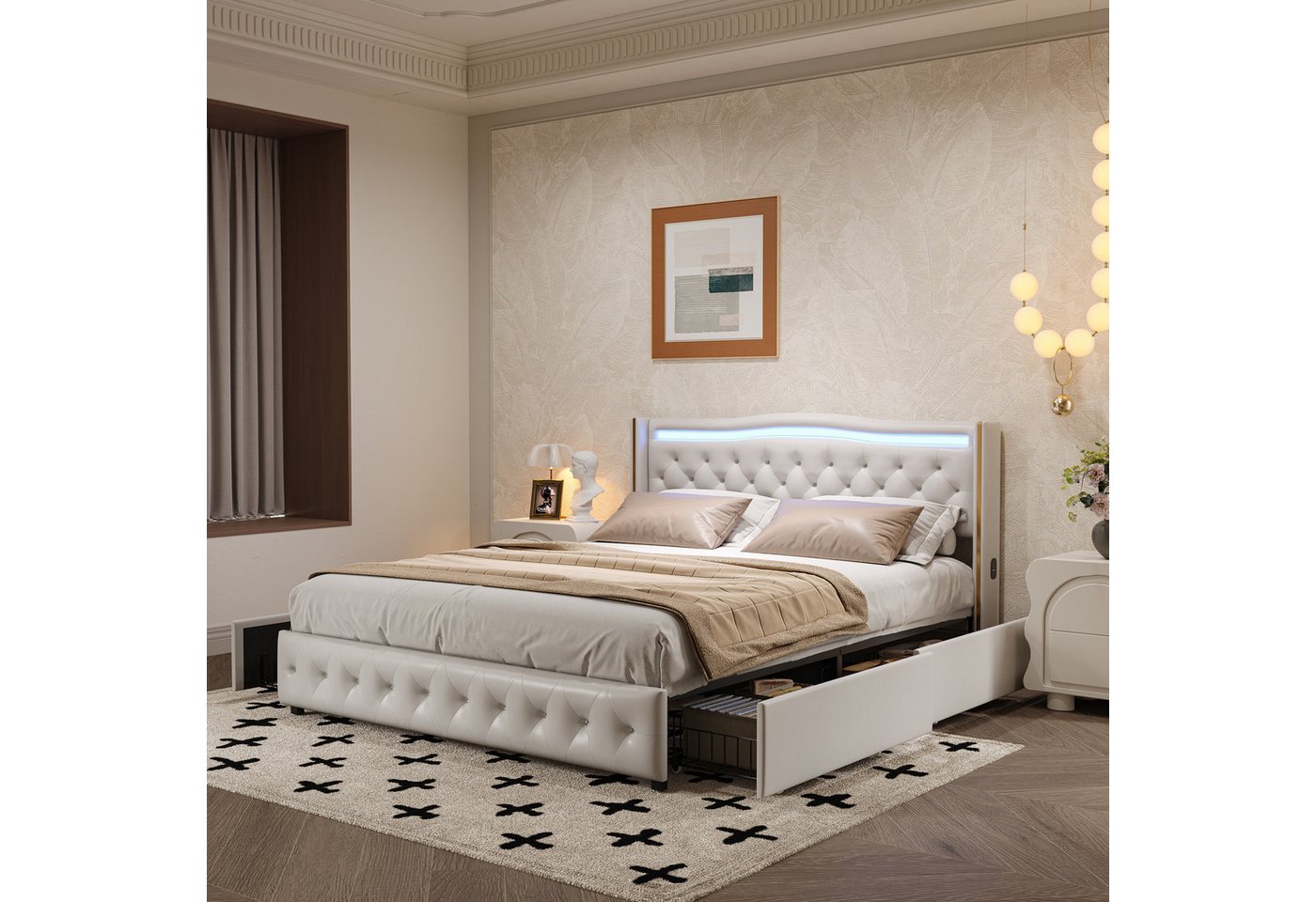 Gdood Polsterbett LED Stauraumbett Doppelbett (1-tlg., 4 Schubladen, Ladefunktion), Jugendbett, Mit LED-Beleuchtung, USB + TYPE-C, PU, 160x200 cm von Gdood