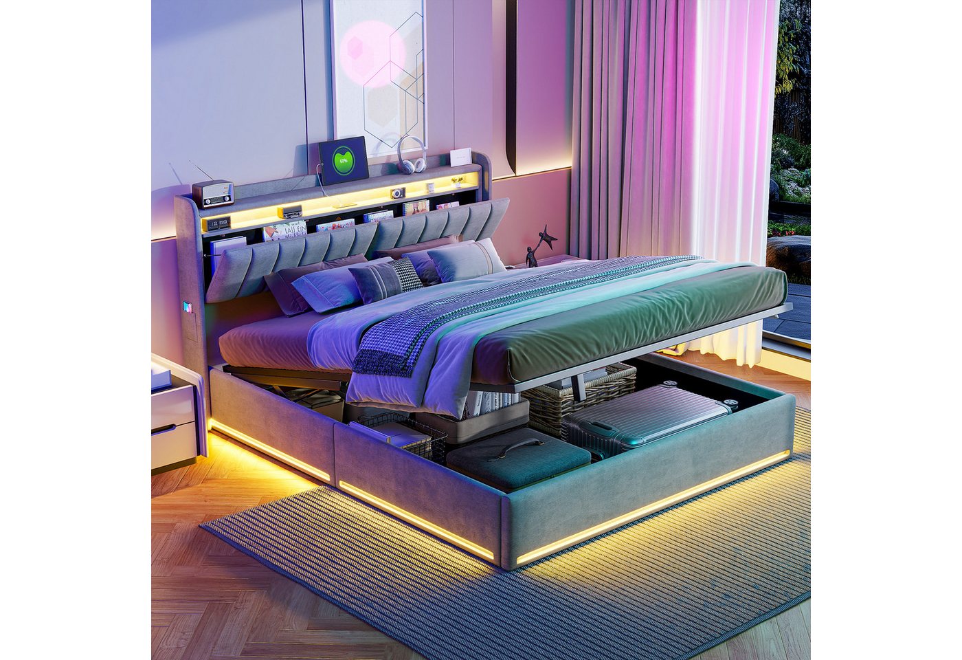 Gdood Polsterbett Polsterbett Stauraumbett Doppelbett LED, Samtstoff (1-tlg., Type-C + USB, Hydraulisch hebbarer Stauraum), Mit Bettkasten, LED-Beleuchtung, USB-Anschluss, 160x200 cm von Gdood