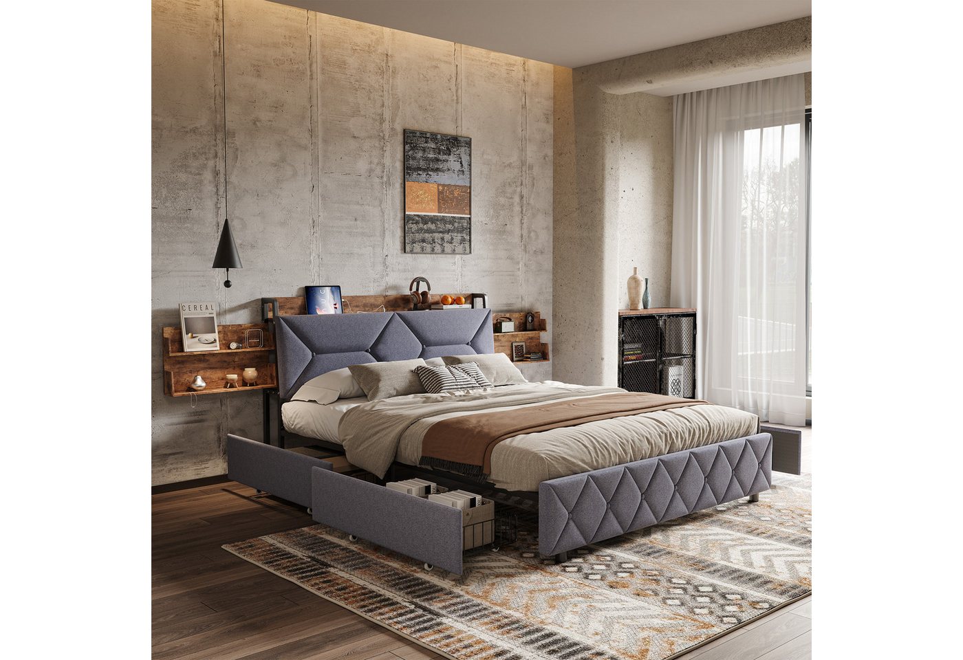 Gdood Polsterbett Stauraumbett Doppelbett, Chesterfield Steppung (1-tlg., Mit USB + TYPE-C, Ergonomisches Kopfteil), Versteckter Stauraum, Mit 4 Schubladen, Samt, 140x200 cm von Gdood