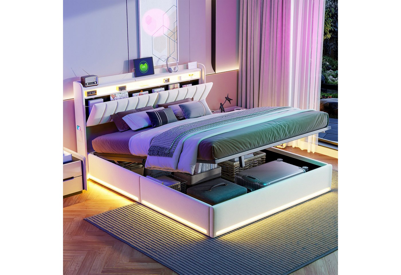 Gdood Polsterbett Stauraumbett Doppelbett Inkl. Bettkasten & LED (Multifunktionsbett, USB & TYPE-C, Hydraulisch), Mit LED-Beleuchtung, Ladefunktion, Samt, 140x200 cm von Gdood