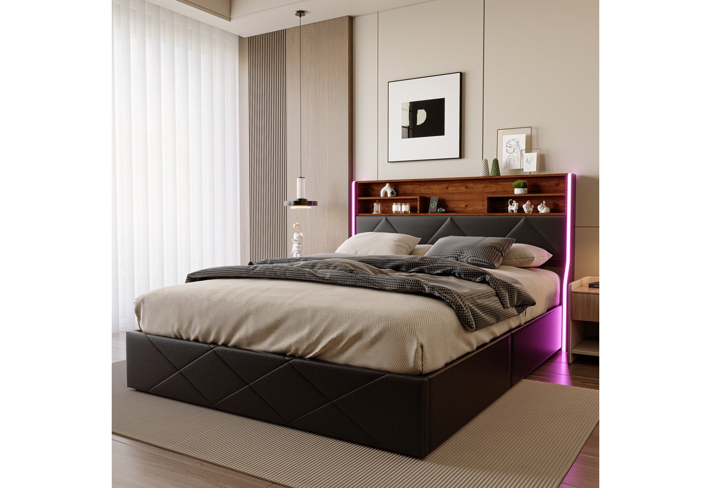 Gdood Polsterbett Stauraumbett Doppelbett LED, Kunstleder (Type-C + 2 USB, Hydraulisch hebbarer Stauraum), Mit Bettkasten, LED-Beleuchtung, USB-Anschluss, 160x200 cm von Gdood