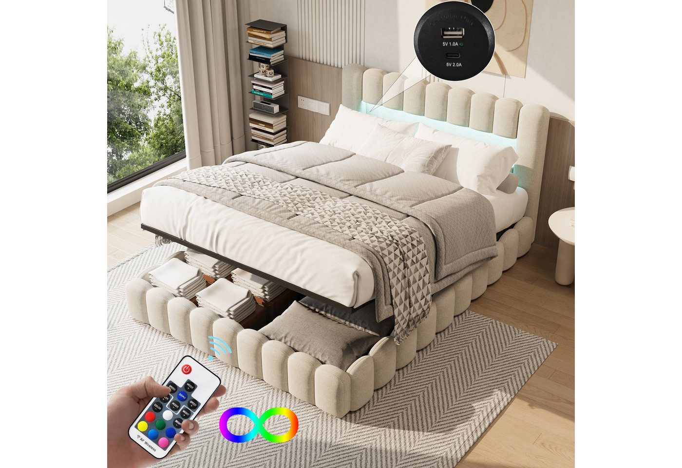 Gdood Polsterbett Stauraumbett Doppelbett LED, Leinenstoff (1-tlg., Type-C + USB, Hydraulisch hebbarer Stauraum), Mit Bettkasten, LED-Beleuchtung, USB-Anschluss, 180x200 cm von Gdood