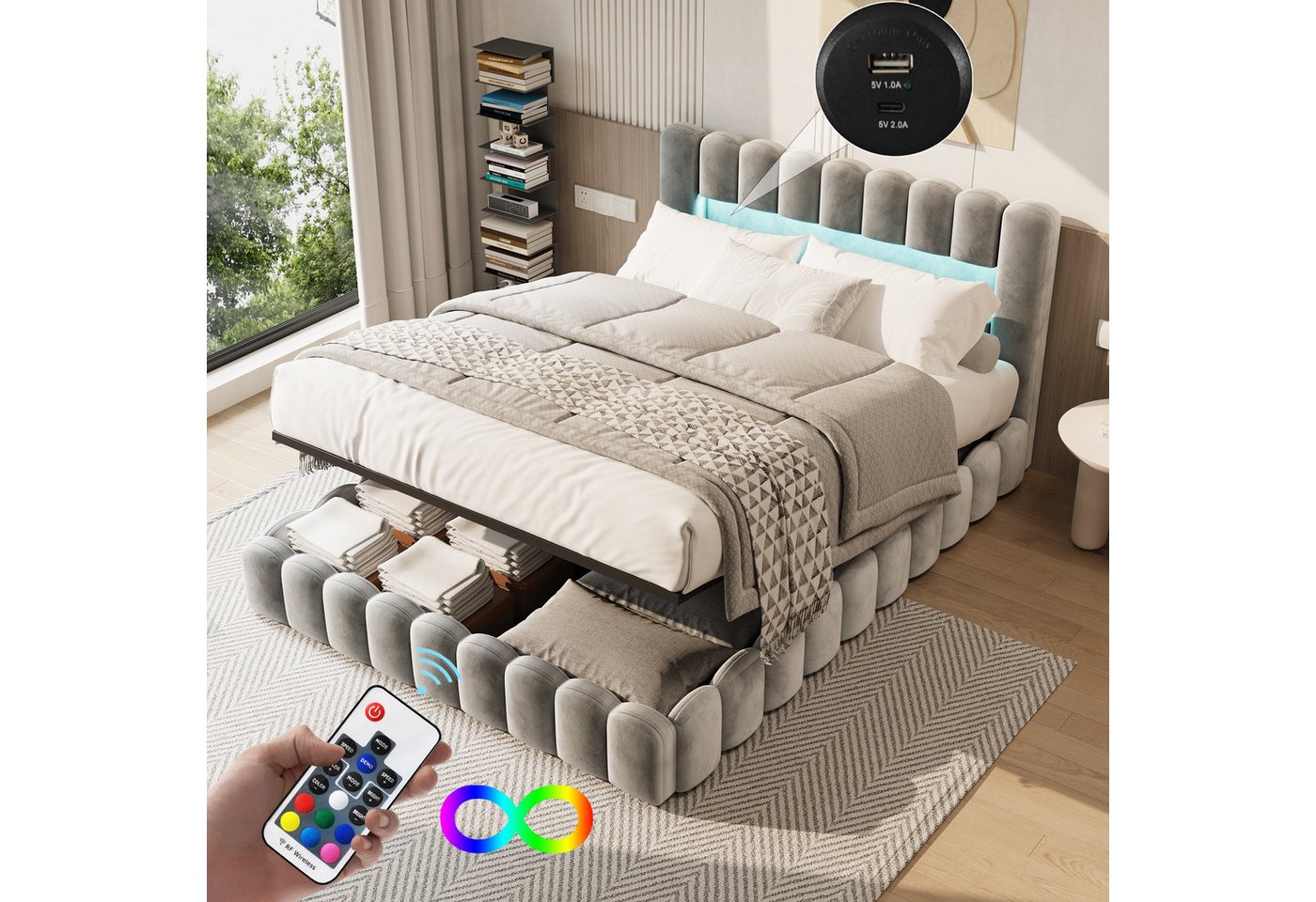 Gdood Polsterbett Stauraumbett Doppelbett LED, Leinenstoff (1-tlg., Type-C + USB, Hydraulisch hebbarer Stauraum), Mit Bettkasten, LED-Beleuchtung, USB-Anschluss, 180x200 cm von Gdood