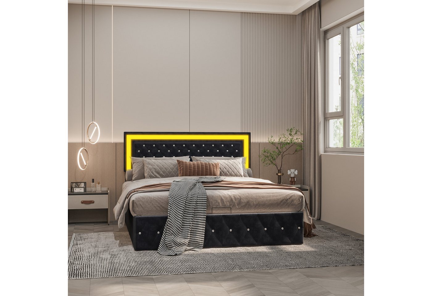 Gdood Polsterbett Stauraumbett Doppelbett LED, Samtstoff (Ausgestattet mit hydraulischem Bettkasten), Chesterfield Steppung, Mit LED-Beleuchtung, Bettkasten, 160x200 cm von Gdood