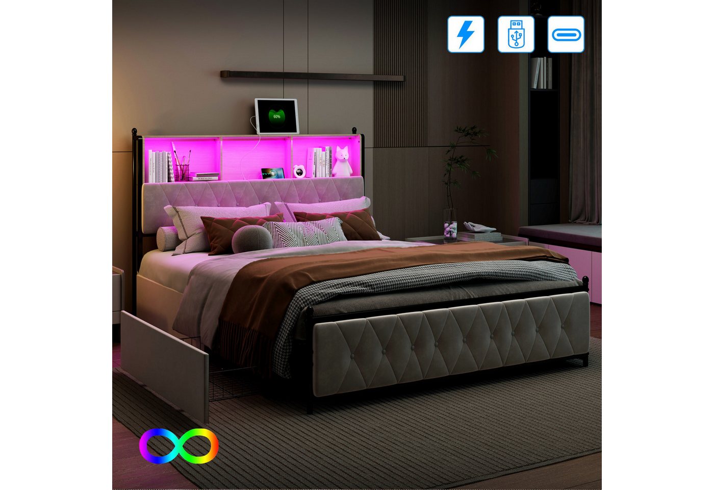Gdood Polsterbett Stauraumbett Doppelbett LED (1 tlg, Mit Vier extra große Schubladen), Mit LED-Beleuchtung, USB & TYPE-C Anschlüsse, Samt, 140x200 cm von Gdood