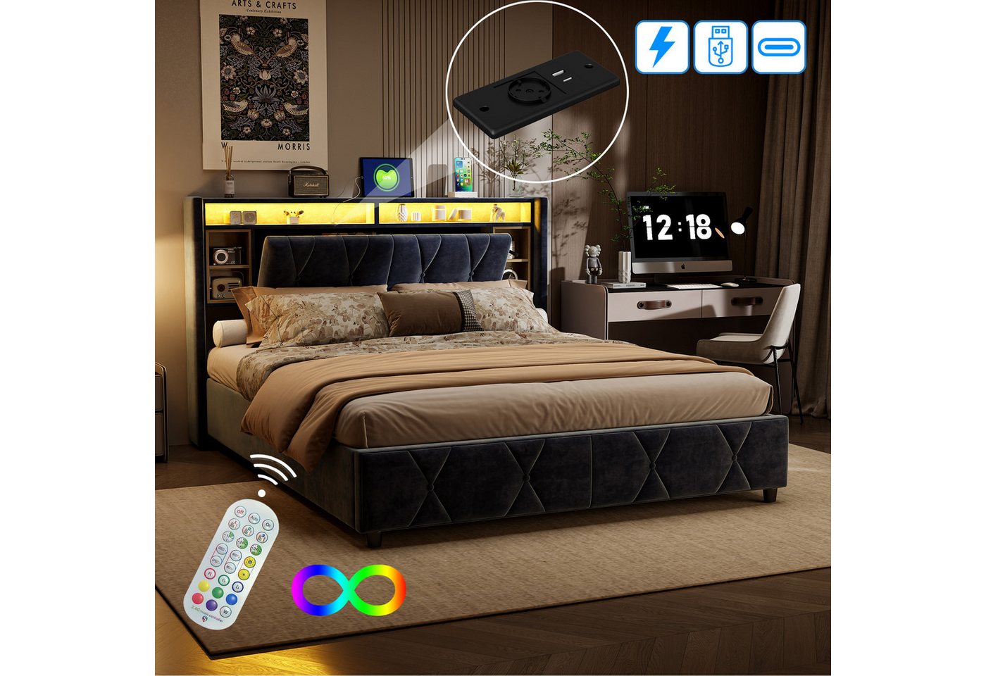 Gdood Polsterbett Stauraumbett Doppelbett LED (1-tlg., Ausgestattet mit hydraulischem Bettkasten), Mit LED-Beleuchtung, Kopfteil mit Stauraum, Lattenrost, 140x200 cm von Gdood