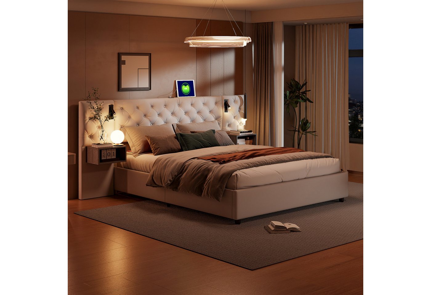 Gdood Polsterbett Stauraumbett Doppelbett LED (1-tlg., Hydraulisch anhebbarer Bettstauraum), Multifunktionsbett Mit Leselicht, 2 Nachttische, USB-Laden,140x200 cm von Gdood