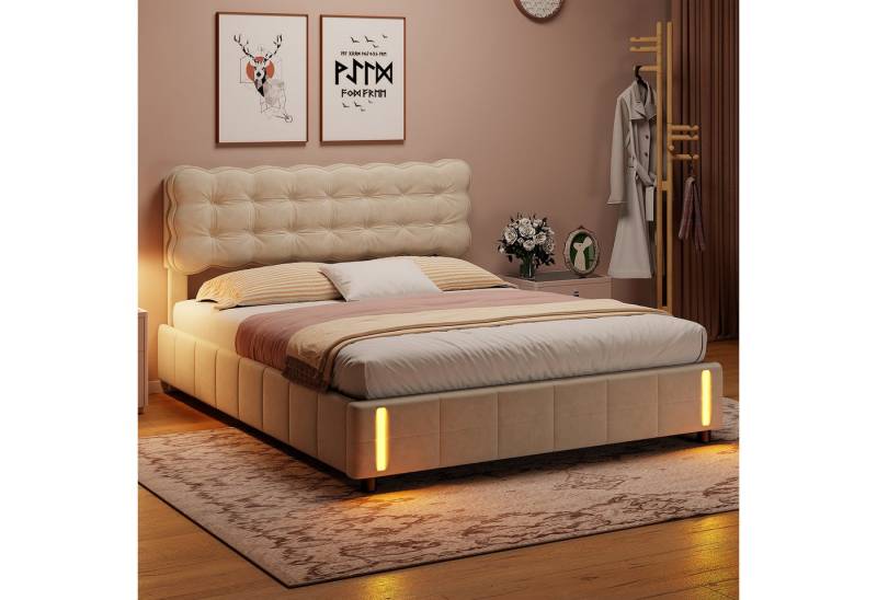 Gdood Polsterbett Stauraumbett Doppelbett LED (Hydraulisch hebbarer Stauraum), Mit LED-Beleuchtung, Bettkasten, Lattenrost, Samt, 140x200 cm von Gdood