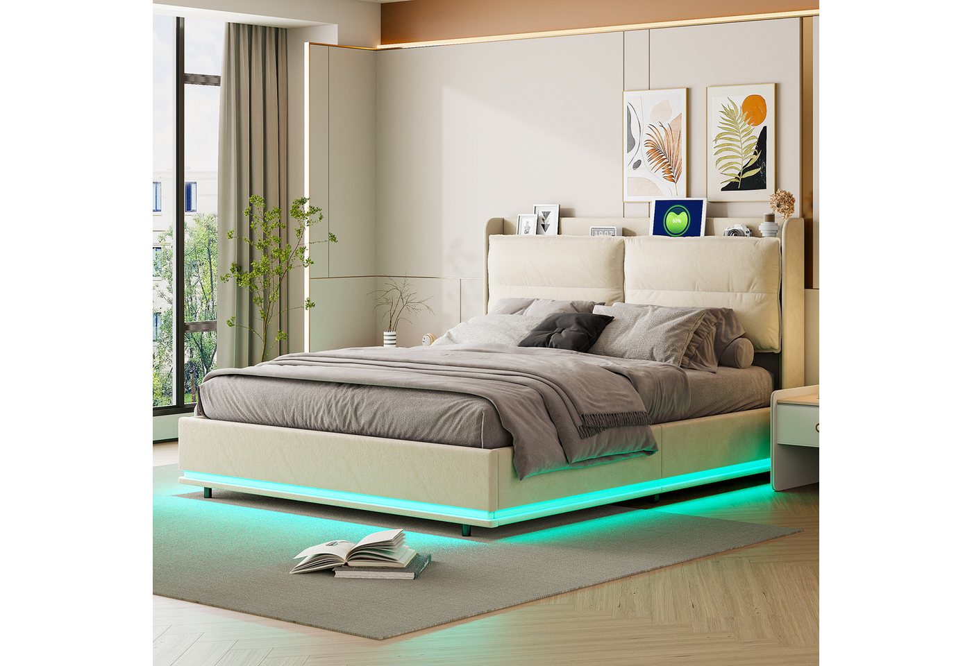 Gdood Polsterbett Stauraumbett Doppelbett LED (Mit Drahtloses Aufladen + USB + type C), Mit Gepolstertes Kopfteil, Ladefunktion, Samt, 140x200 cm von Gdood