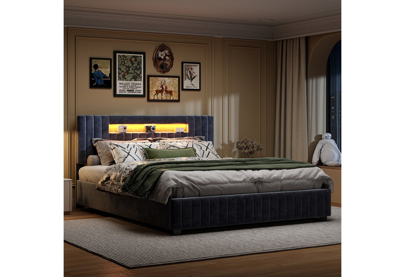 Gdood Polsterbett Stauraumbett Doppelbett LED SamtStoff (1-tlg., vertikaler Steppung, Ausgestattet mit hydraulischem Bettkasten), Mit LED Beleuchtung, Kopfteil-Aufbewahrung, 140x200 cm von Gdood