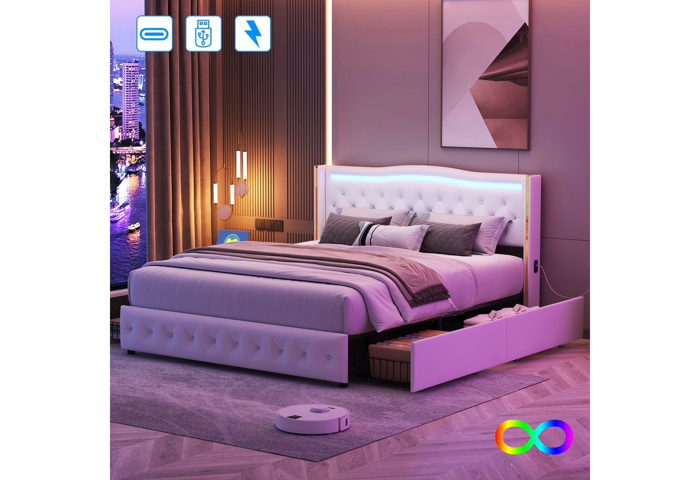 Gdood Polsterbett Stauraumbett Doppelbett LED Stauraum (Jugendbett, Vier extra große Schubladen unter dem Bett), Mit LED-Beleuchtung, USB + TYPE-C, PU, 140x200 cm von Gdood