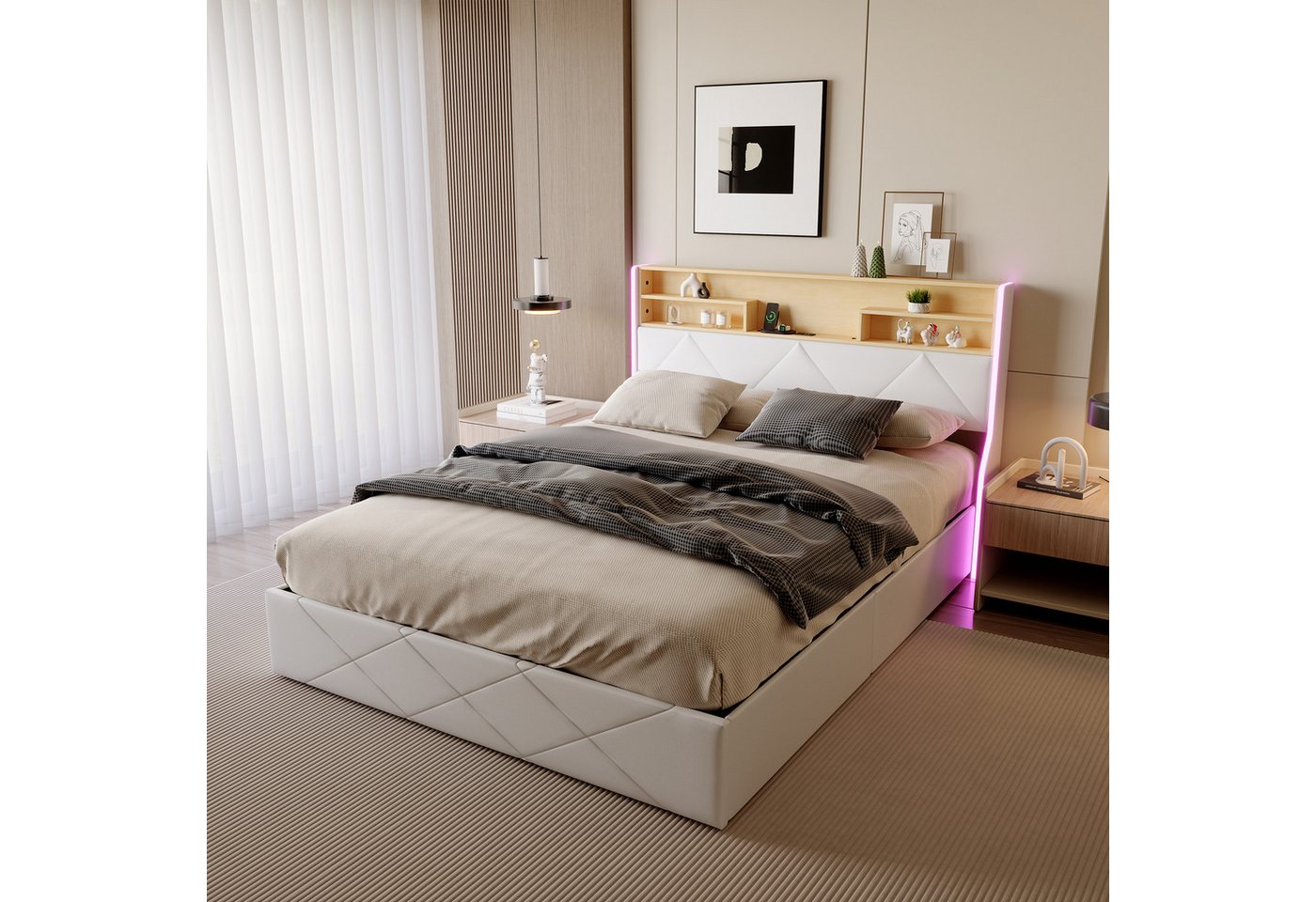 Gdood Polsterbett Stauraumbett Doppelbett LED USB (1 tlg., Hydraulisch hebbarem Stauraum), Mit LED-Licht, Nachttisch, Ladefunktion, Lattenrost, PU, 140x200 cm von Gdood