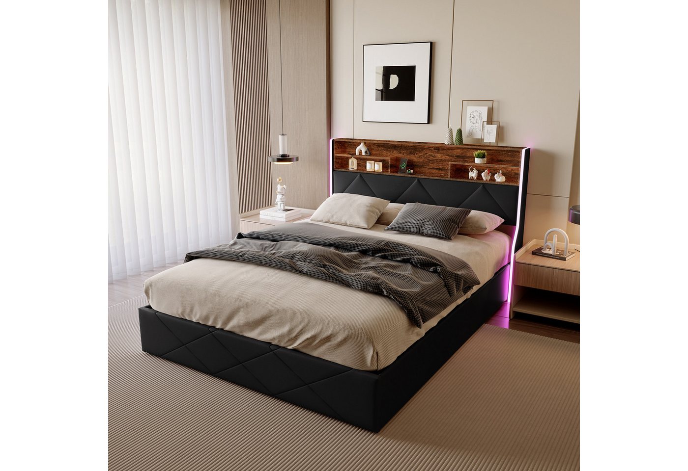 Gdood Polsterbett Stauraumbett Doppelbett LED USB (1 tlg., Hydraulisch hebbarem Stauraum), Mit LED-Licht, Nachttisch, Ladefunktion, Lattenrost, PU, 140x200 cm von Gdood