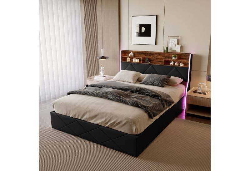 Gdood Polsterbett Stauraumbett Doppelbett LED USB (1 tlg., Hydraulisch hebbarem Stauraum), Mit LED-Licht, Nachttisch, Ladefunktion, Lattenrost, PU, 140x200 cm von Gdood