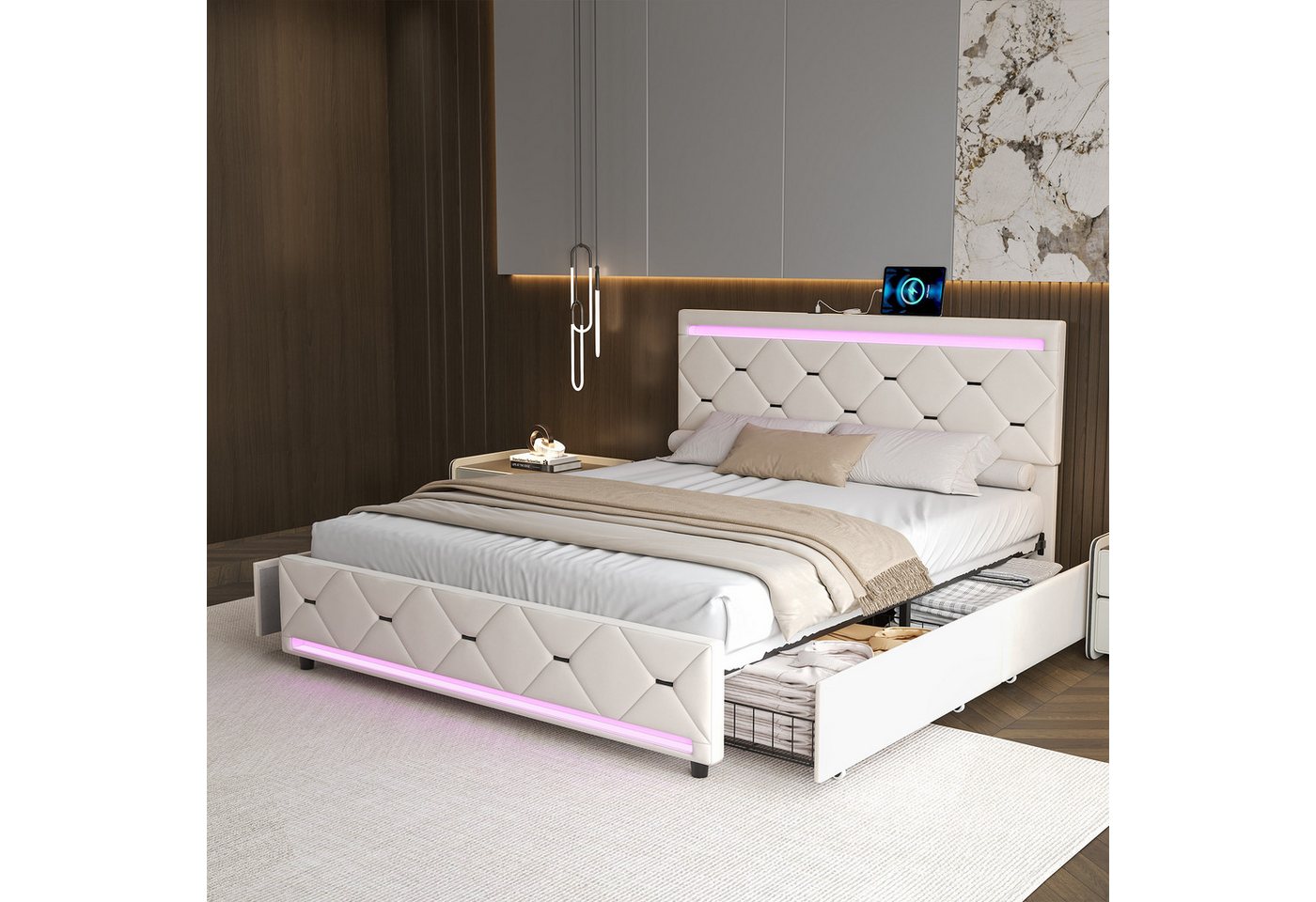 Gdood Polsterbett Stauraumbett Doppelbett LED USB (1 tlg., Hydraulisch hebbarem Stauraum), Mit LED-Licht, USB-Ladeanschluss, Lattenrost, Samt, 160x200 cm von Gdood