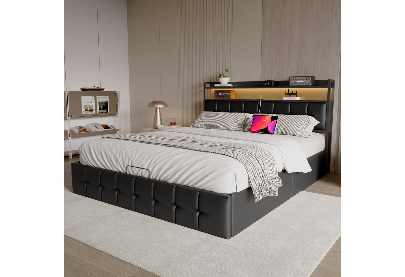 Gdood Polsterbett Stauraumbett Doppelbett LED USB (1 tlg., hydraulisch hebbarem Stauraum), Mit LED-Licht, Nachttisch, Ladefunktion, Lattenrost, PU, 140x200 cm von Gdood