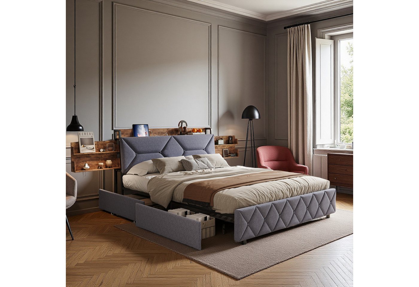 Gdood Polsterbett Stauraumbett Doppelbett Mit Ladestation (1-tlg., Mit Vier extra große Schubladen), Mit Verstecktes Lagerregal, USB + TYPE-C, Leinen, 140x200 cm von Gdood
