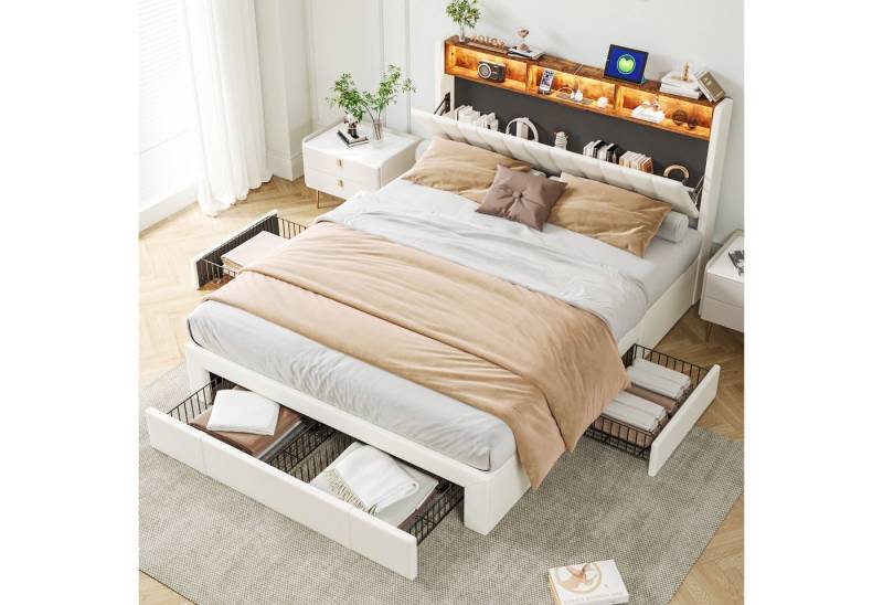 Gdood Polsterbett Stauraumbett Doppelbett Samt stoff, LED (1-tlg., Multifunktionsbett, Rollschubladen), Mit LED Beleuchtung, Ladefunktion, 140x200 cm von Gdood