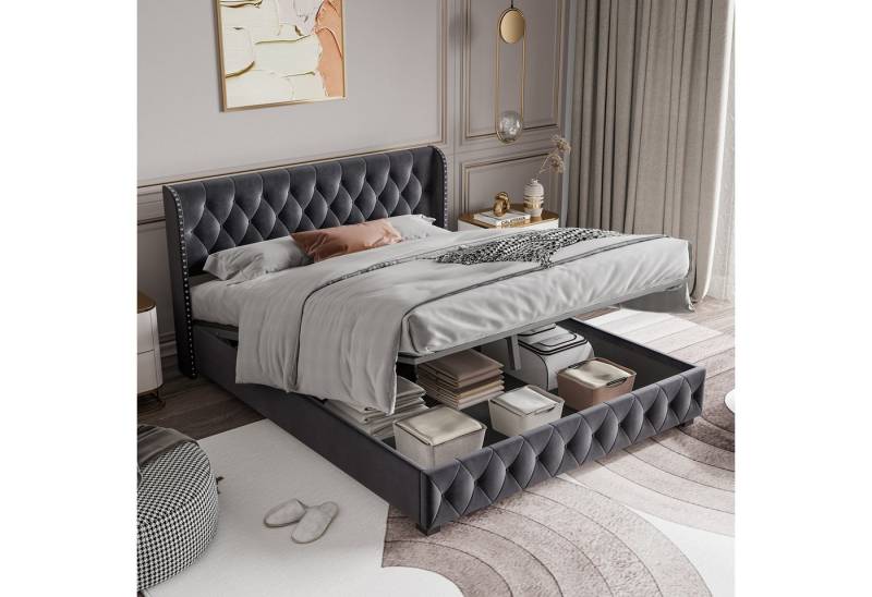 Gdood Polsterbett Stauraumbett Doppelbett Samtstoff, Nietendesign (1-tlg., Hydraulisch hebbarem Stauraum), Chesterfield Steppung Mit Bettkasten, Lattenrost, Samt, 180x200 cm von Gdood