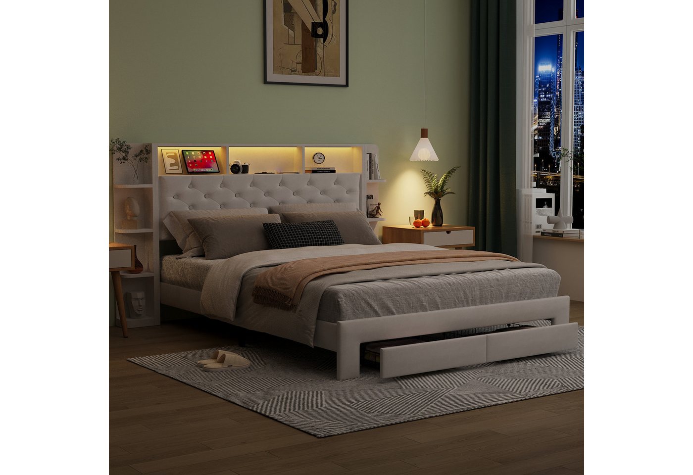 Gdood Polsterbett Stauraumbett Doppelbett it LED und Ladeanschluss (1-tlg., Viel Stauraum: Nachttisch + Schubladen), Mit LED-Beleuchtung, Steckdose & USB & TYPE-C, Samt, 160x200 cm von Gdood