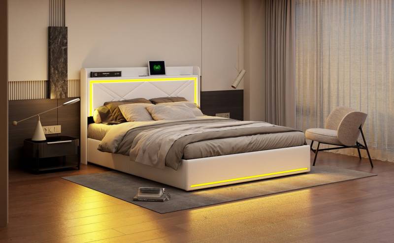 Gdood Polsterbett Stauraumbett Doppelbett mit LED Licht,Hydraulisch anhebbarer (Mit Lattenrost und Ladefunktion, PUmaterial Polsterbett, 140x200 cm), Modernes Jugendbett, Leises Design Bett, Max. Belastbarkeit 300 kg von Gdood