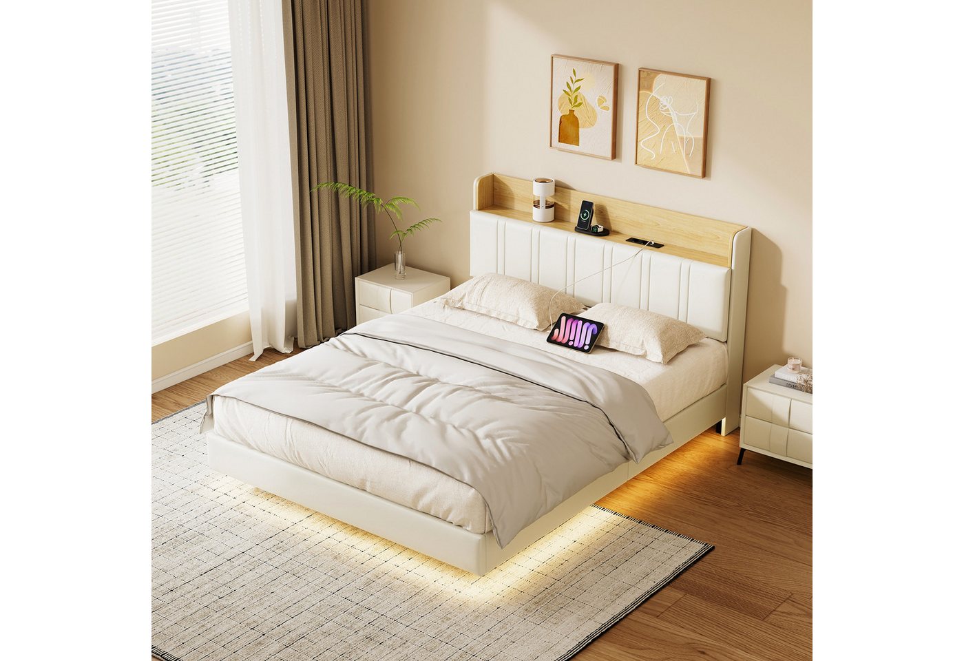 Gdood Polsterbett Stauraumbett LED Doppelbett, Breite Liegefläche: 140/160cm (1-tlg., Versteckter Stauraum im Kopfteil), Hängebett, mit LED-Beleuchtung, Stecker + USB + TYPE-C, PU, 140x200 cm von Gdood