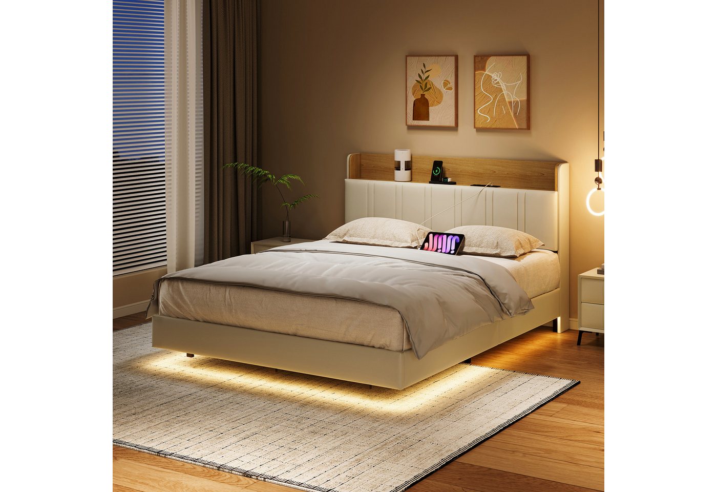 Gdood Polsterbett Stauraumbett LED Doppelbett, Kunstlederstoff (Hydraulisch hebbarem Stauraum), Mit LED-Licht, Nachttisch, Ladefunktion, Lattenrost, 160x200 cm von Gdood