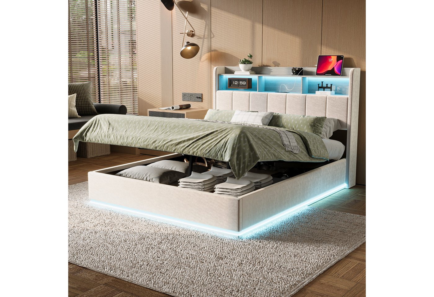 Gdood Polsterbett Stauraumbett LED Doppelbett (1-tlg., Ausgestattet mit hydraulischem Bettkasten), Mit LED-Beleuchtung, Ladefunktion, Stauraumkopfteil, Samt, 140x200 cm von Gdood