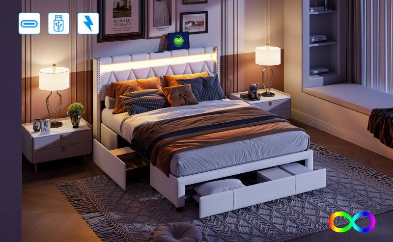 Gdood Polsterbett Stauraumbett LED Doppelbett (1-tlg. Mit LED-Licht und USB C Ladefunktion, Mit Drei große Schubladen), Mit LED-Beleuchtung, Ladeanschluss, Lattenrost, Leinen, 140x200 cm von Gdood