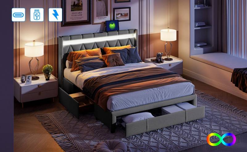Gdood Polsterbett Stauraumbett LED Doppelbett (1-tlg. Mit LED-Licht und USB C Ladefunktion, Mit Drei große Schubladen), Mit LED-Beleuchtung, Ladeanschluss, Lattenrost, Leinen, 140x200 cm von Gdood