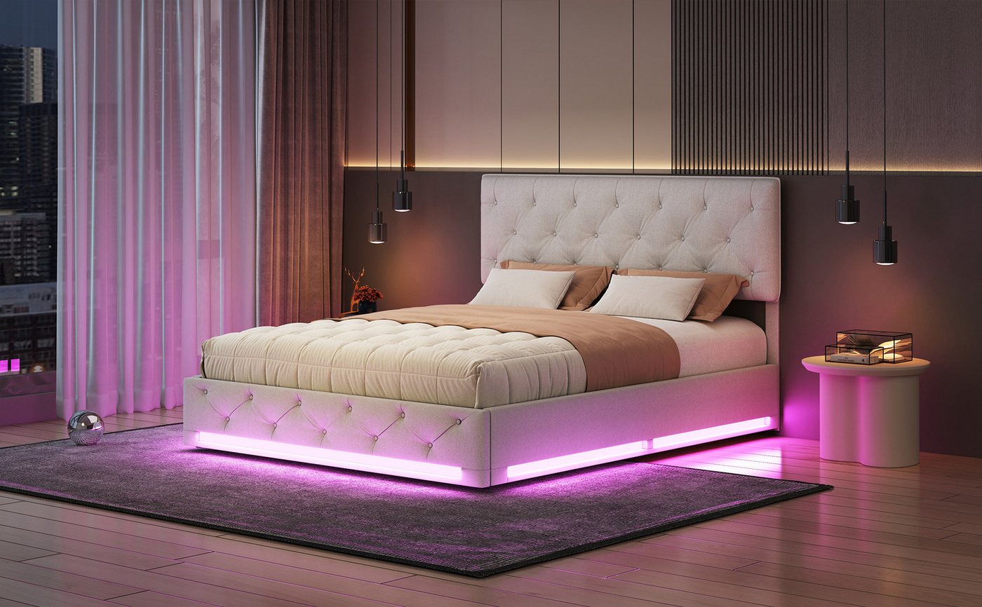 Gdood Polsterbett Stauraumbett LED Doppelbett (Hydraulisch anhebbarer Stauraum), Mit LED-Beleuchtung, Bettkasten, Lattenrost, Leinen, 140x200 cm von Gdood