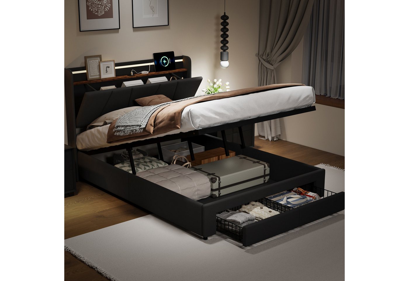 Gdood Polsterbett Stauraumbett LED Doppelbett (Mit 2 Schubladen, Hydraulisch anhebbarer Bettstauraum), Mit LED-Beleuchtung, Kopfteil mit Ladebuchse, Leinen, 140x200 cm von Gdood