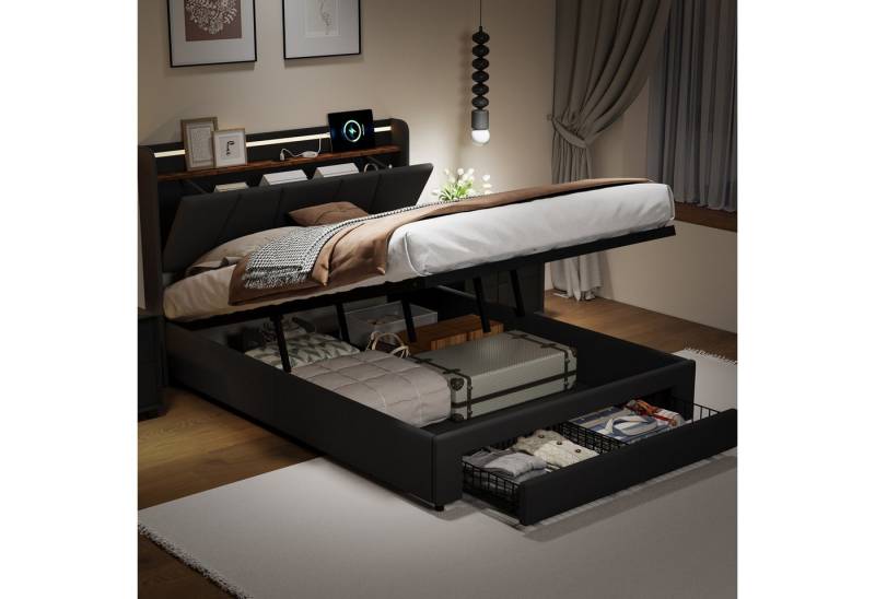Gdood Polsterbett Stauraumbett LED Doppelbett (Mit 2 Schubladen, Hydraulisch anhebbarer Bettstauraum), Mit LED-Beleuchtung, Kopfteil mit Ladebuchse, Leinen, 140x200 cm von Gdood