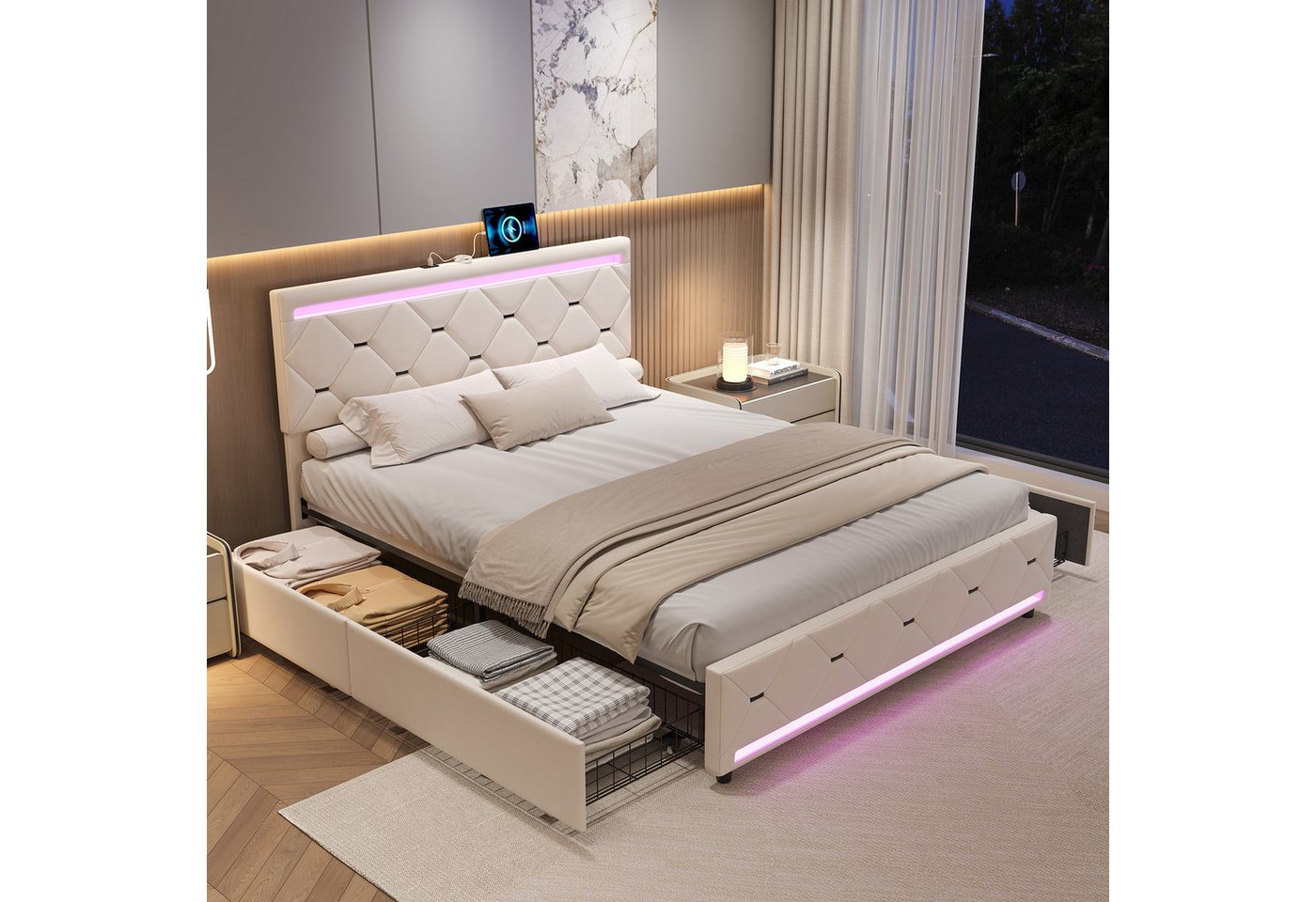 Gdood Polsterbett Stauraumbett LED Doppelbett Mit Ladefunktion (Mit Vier extra große Schubladen), Mit LED-Beleuchtung, USB & TYPE-C Anschlüsse, Samt, 160x200 cm von Gdood