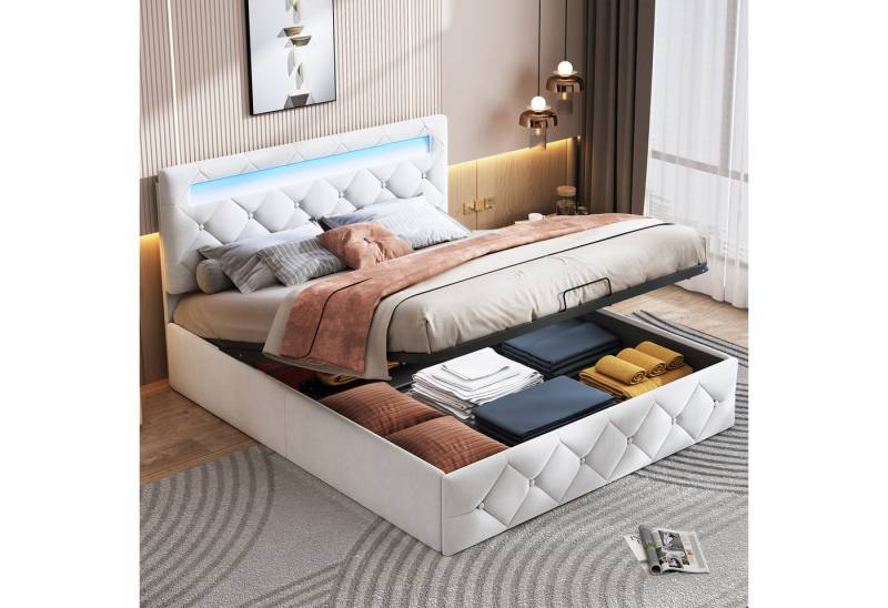 Gdood Polsterbett stauraumbett LED Doppelbett (Hydraulisch anhebbarer Bettstauraum), Funktionsbett, mit Lattenrost und LED Beleuchtung, Samt, 140x200 cm von Gdood