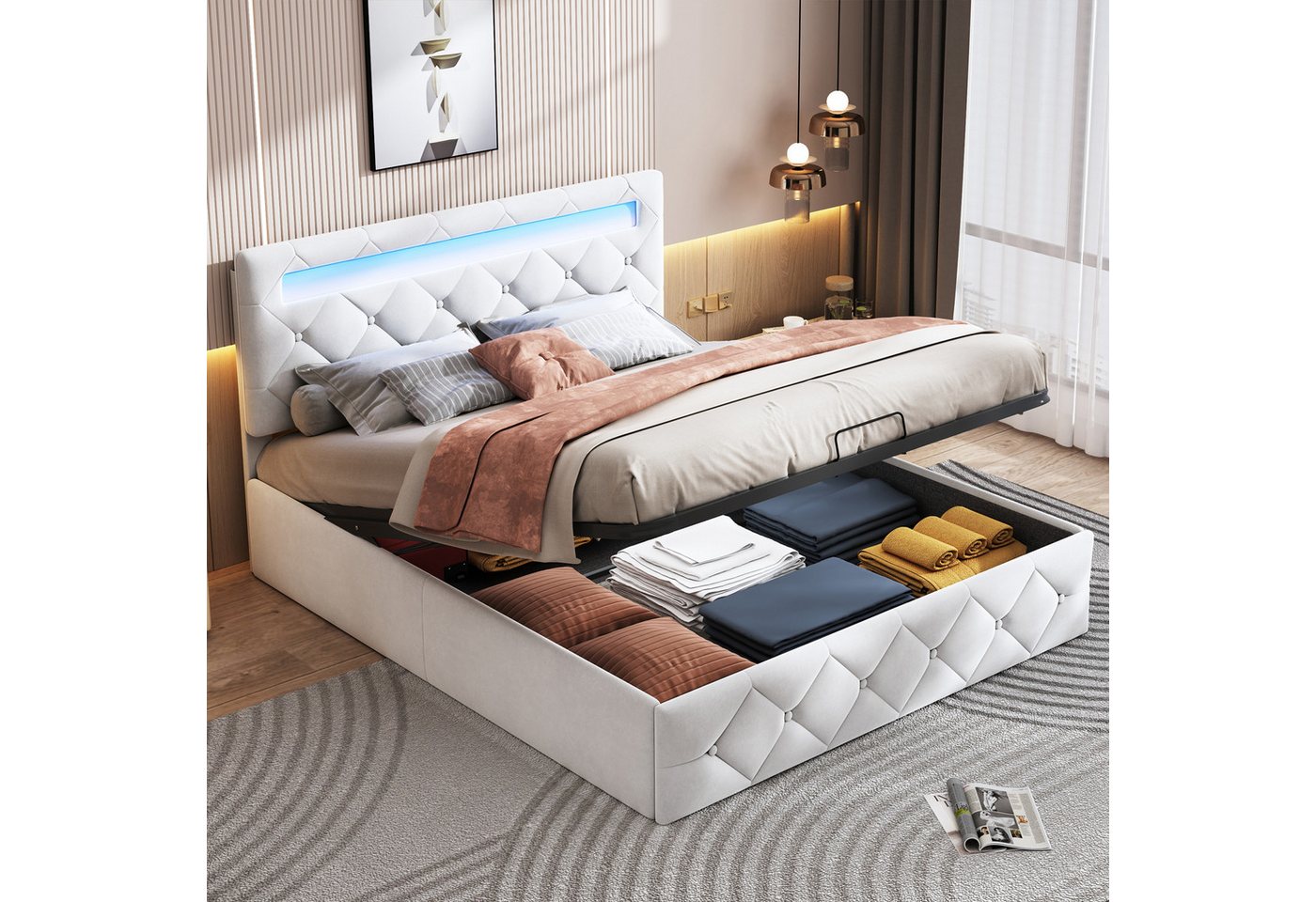 Gdood Polsterbett stauraumbett LED Doppelbett (Hydraulisch anhebbarer Bettstauraum), Funktionsbett, mit Lattenrost und LED Beleuchtung, Samt, 160x200 cm von Gdood
