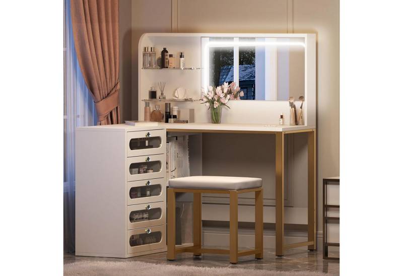 Gdood Schminktisch LED Ablagetisch, Frisiertisch set, Eckschreibtisch (1-St., 120x80x135 cm), Mit Hocker, LED-Beleuchtung Spiegel, 5 Schubladen, Lagerregal von Gdood