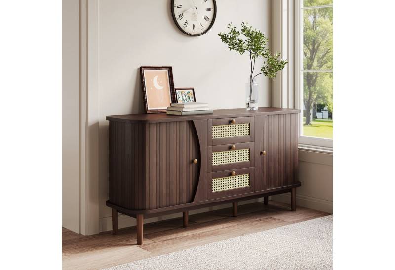 Gdood Sideboard Schrank kommode Kredenz Rattan Küchenschrank (1 St), Moderne 140.5cm breite, Rattan Schubladenfronten, Zwei Türen von Gdood