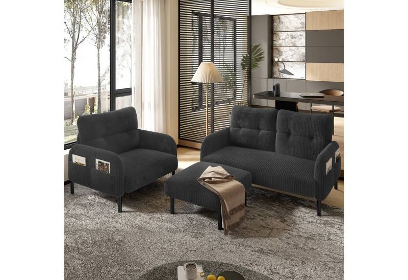 Gdood Sofa Loungesofa Ottomane 3er-Set, Sessel + Hocker + 2-Sitzer Sofa 3 Teile, Mit Seitentasche Stahlrohrgestell & extraweiche Rückenlehne von Gdood
