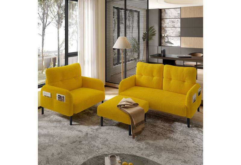 Gdood Sofa Loungesofa Ottomane 3er-Set, Sessel + Hocker + 2-Sitzer Sofa 3 Teile, Mit Seitentasche Stahlrohrgestell & extraweiche Rückenlehne von Gdood