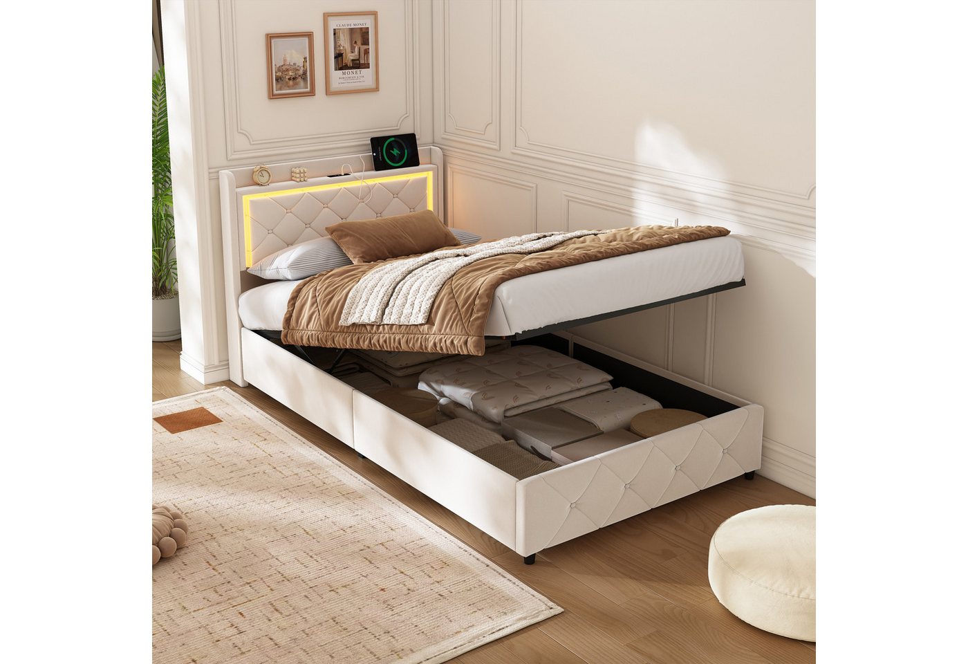 Gdood Stauraumbett Polsterbett Doppelbett LED, Samtstoff (1-tlg., Mit Lattenrost und Ladefunktion, Leinenmaterial Polsterbett), Modernes Jugendbett, Leises Design Bett, Max. Belastbarkeit 350 kg von Gdood