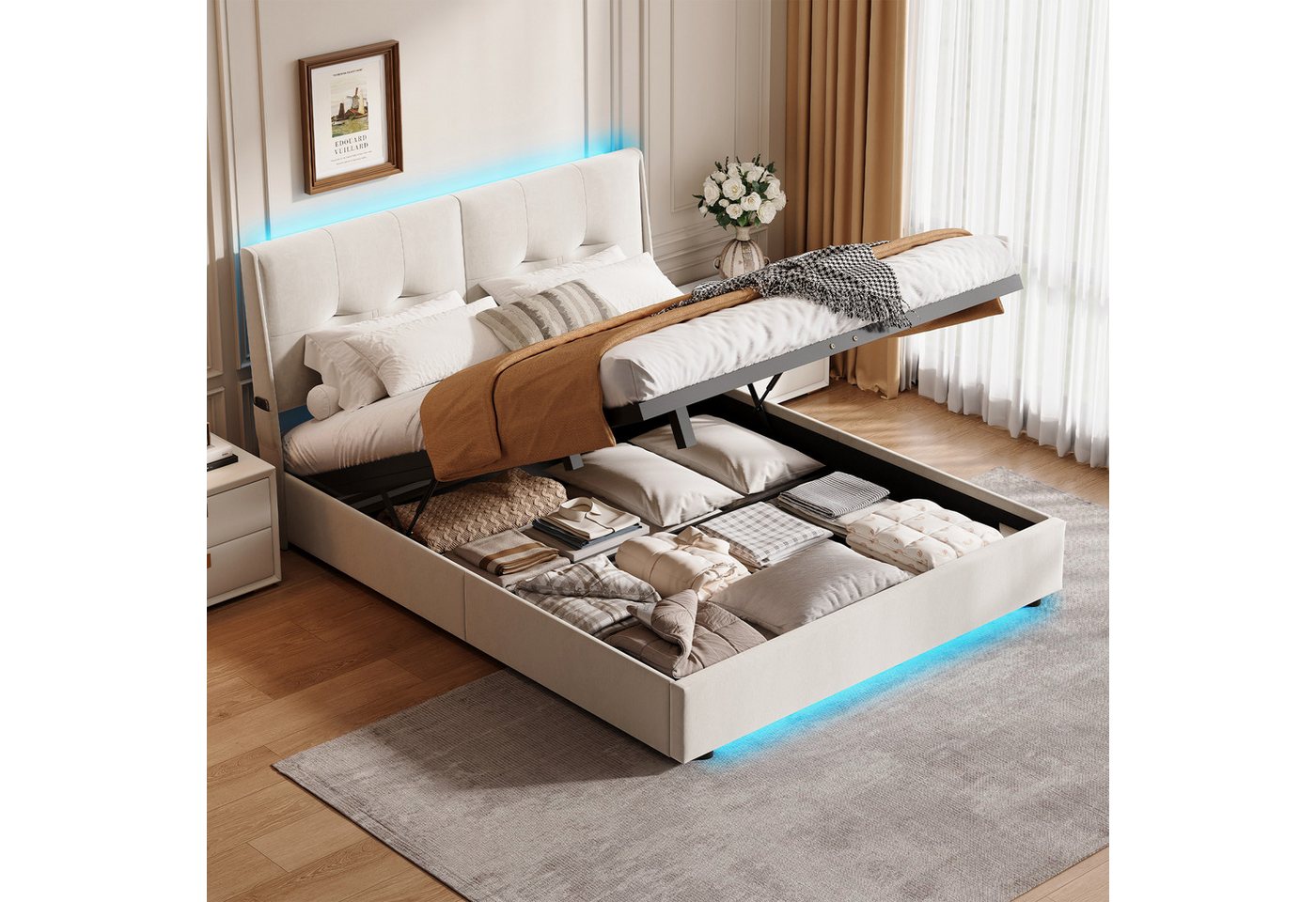 Gdood Stauraumbett Polsterbett LED Doppelbett, Weiches Kopfteil (1-tlg., Extra großer hydraulischer Bettkasten-Stauraum), Mit LED-Beleuchtung, Bettkasten, Lattenrost, 140x200 cm von Gdood