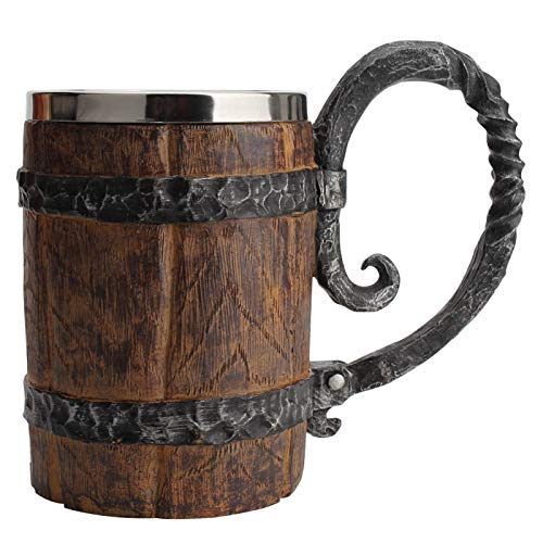 GeKLok 650 ml Holz-Imitationsfass, Edelstahl-Bierkrug, doppelwandiger Krug mit Griff, Piraten-Wikinger-Tasse, Fantasie-Mittelalter-Taverne-Holzkrug, für Bar, Restaurant, Heimdekoration von GeKLok