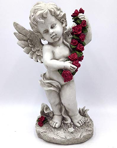 GeKi Trend Engel Figur mit Rosengirlande Dekofigur Putte frostfest Gartendeko Grabschmuck antik weiß Grabengel wetterfest 45 cm groß von GeKi - Trend GmbH