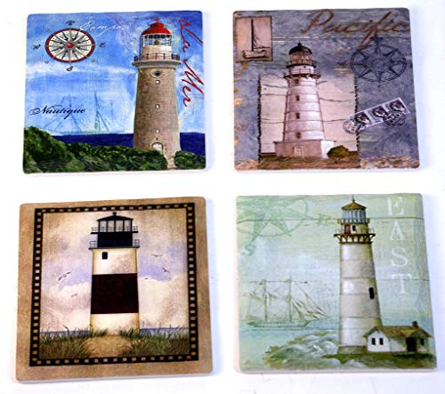 GeKi Trend Untersetzer aus Porzellan 4er Set Maritim Vintage Leuchtturm mit 3D Wellen-Relief von GeKi Trend GmbH