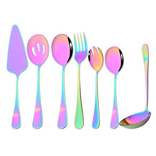 GeRnie Goldenes Geschirr, großer Suppenlöffel, Salatlöffel, Gabel, Kuchenspatel, Edelstahlbesteck, Küchengeschirr(Color:Rainbow) von GeRnie
